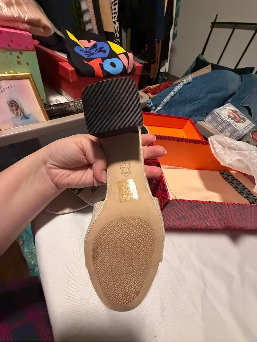 TORY BURCH INES EMBELLISHED LINEN & LEATHER MULES size 8